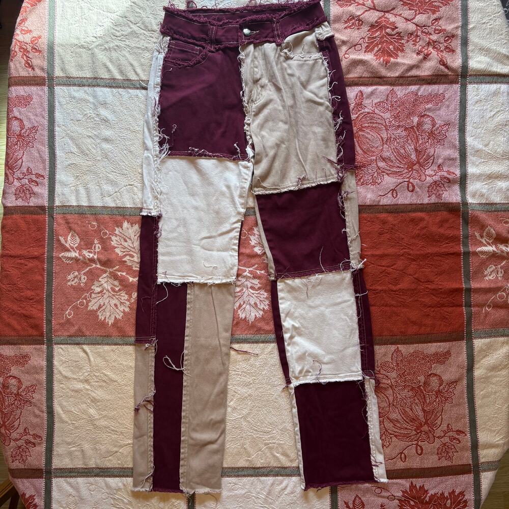 Unknown Brand Burgundy Cream Tan Patchwork Colorblock Pants S